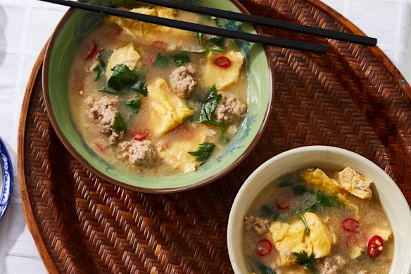 Bone broth-based Thai pork omelette soup is good on its own, or with a bowl of rice.