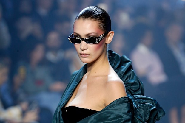 US model Bella Hadid walks the runway during the Alexandre Vauthier Spring Summer 2018 show as part of Paris Fashion Week on January 23, 2018 in Paris, France.