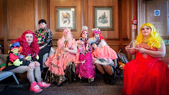 The stars of Drag Syndrome “take you to a different world”: from left, Nikita Gold, Drag “King” Justin Bond, Miss Gaia Callas, costume designer Sophie Cochevelou, Horrora Shebang and Davina Starr. 