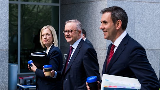 Finance Minister Katy Gallagher, Anthony Albanese and Jim Chalmers with the 2022 federal budget. Without reform, it may be one of the last budgets with a surplus.