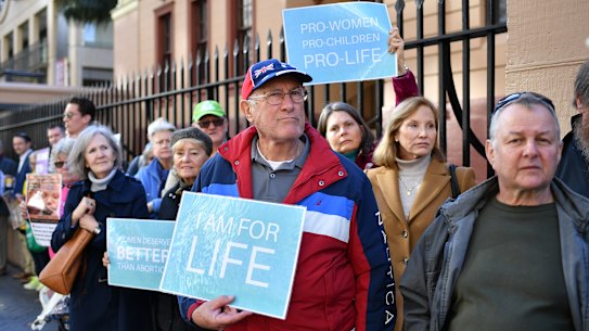 Anti-abortion protesters at a rally outside the NSW Parliament house in Sydney. 