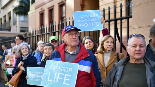 Anti-abortion protesters at a rally outside the NSW Parliament house in Sydney. 