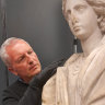 The British Museum’s Dr Peter Higgs, prepares statue of a woman, Parian marble, about 150-100 BCE, for transportation to Australia in 2021.
