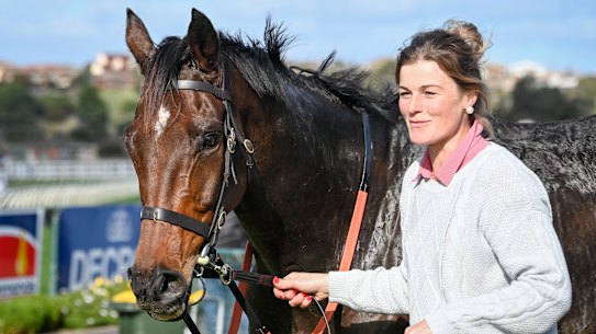 Trainer Amy McDonald, pictured here with Flying Agent, is aiming Master Poet at Thursday’s Grand Annual at Warrnambool.