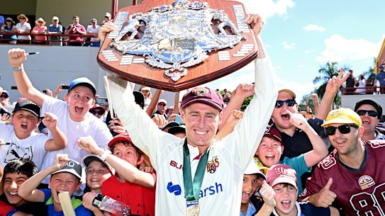 BRISBANE, AUSTRALIA - APRIL 18: Marnus Labuschagne of Queensland celebrates victory during day four of the Sheffield Shield Final match between Queensland and New South Wales at Allan Border Field on April 18, 2021 in Brisbane, Australia. (Photo by Bradley Kanaris/Getty Images)