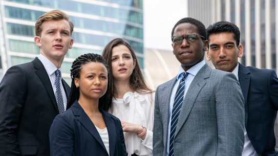 Cast of the TV series Industry: Harry Lawtey, Myha’la Herrold, Maris Abela, David Jonsson and Nabhaan Rizwann.