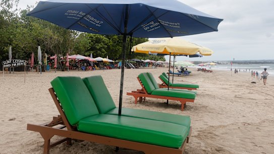 The scene at Kuta beach, Bali, last week. Foreign tourists will be allowed back to the island from Thursday. 