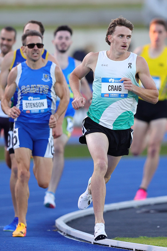 Peyton Craig in an 800 metres heat at the 2024 national championships. Part of a new, deep pool of local middle distance talent, the 19-year-old finished third in the final, just behind Olympic hero Peter Bol.