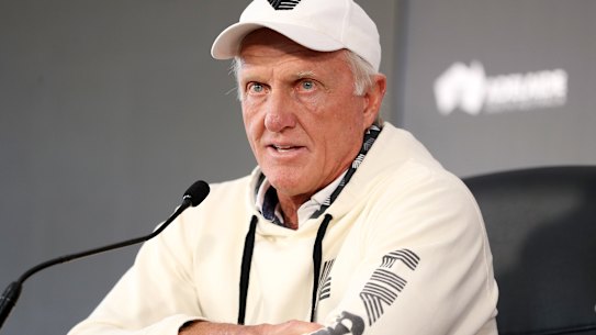 Greg Norman talks to the media before the LIV Golf event in Adelaide.
