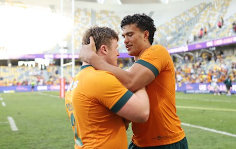 oseph‑Aukuso Sua’ali’i of the Wallabies celebrates with Billy Pollard of the Wallabies during The Rugby Championship match between Australia Wallabies and Argentina Pumas at Queensland Country Bank Stadium on September 06, 2025 in Townsville, Australia. (Photo by Mark Metcalfe/Getty Images)