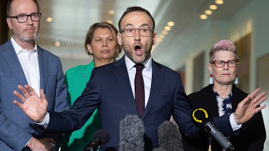 Greens leader Adam Bandt flanked by senators David Shoebridge, Dorinda Cox and Penny Allman-Payne on Thursday.