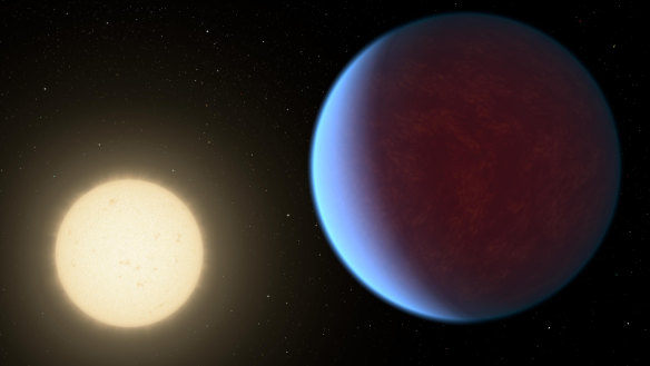 This illustration provided by NASA in 2017 depicts planet 55 Cancri e, right, orbiting its star. The new James Webb Telescope has allowed researchers to see a thick atmosphere around the planet that is about 41 light years away.