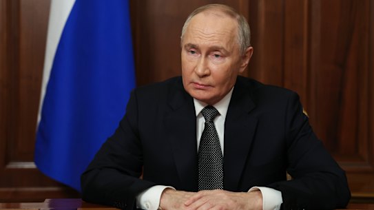 Russian President Vladimir Putin records a televised address in Moscow on Thursday.