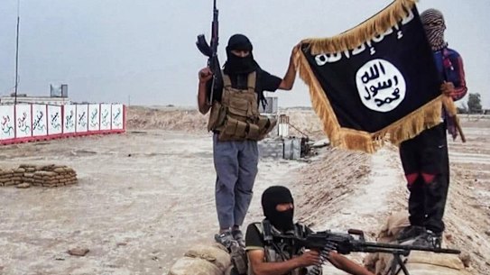 Islamic State fighters pose with a Jihadist flag in northern Iraq.