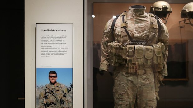The uniform of former SAS soldier Ben Roberts-Smith on display at the Australian War Memorial in Canberra.