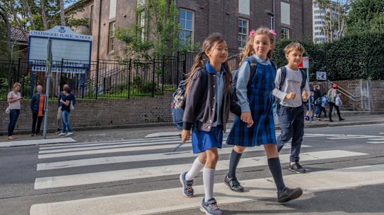 Parents and students outside Chatswood Public School.