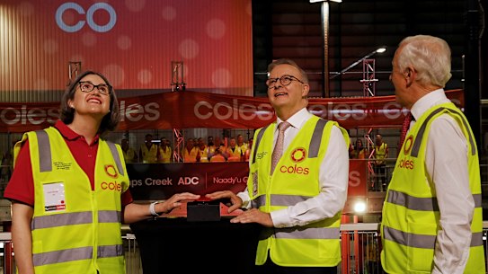 Anthony Albanese with Coles chairman James Gordon and Coles CEO Leah Weckert in August. The Prime Minister’s views on supermarkets has changed sharply since then.