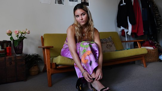 Year 12 student Jaimie Harrigan in the outfit she was planning to wear to her school formal, which has been cancelled under a government directive.
