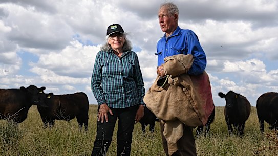 Angus Cattle farmer Shane Kilby with her husband Greg on their farm north of Dubbo. They hold concerns about getting their stock to market because of Covid impacting distribution and workforce at abattoir.
