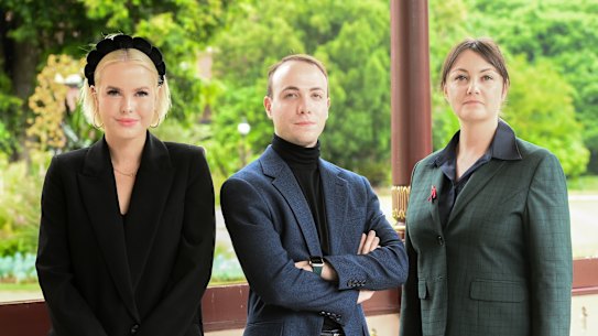 Animal Justice MP Georgie Purcell, Greens MP Aiv Puglielli, and Rachel Payne from Legalise Cannabis.