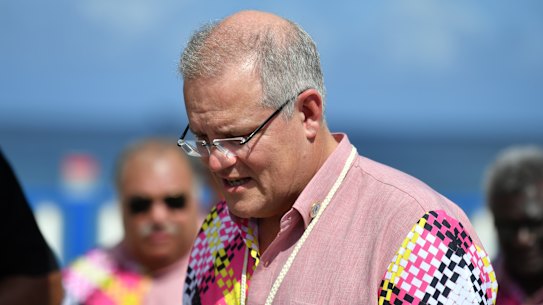Scott Morrison after the 'family photo' during the Pacific Islands Forum in Funafuti, Tuvalu.