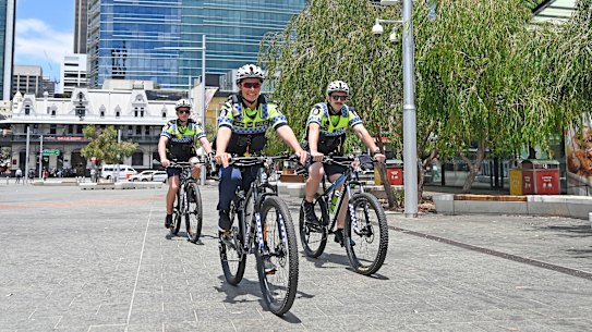 A police bicycle patrol in Yagan Square in Perth’s CBD.