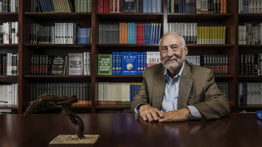 Joseph Stiglitz in his office at New York's Columbia University. The winner of this year's Sydney Peace Prize, he says of Australia's recent political stoushes: "Your car crashes are little nicks. America's car crash is potentially fatal." 