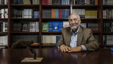 Joseph Stiglitz, the winner of this year’s Sydney Peace Prize, in his office at Columbia University.