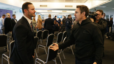 NSW coach Brad Fittler greets Boyd Cordner after the former Blues captain announced his retirement.