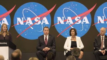 From right, Jeff Dewit, NASA's Chief Financial Officer; Robyn Gatens, NASA's Deputy Director of the International Space Station; Bill Gerstenmaier, NASA's associate administrator for the Human Exploration and Operations Mission, and Stephanie L. Schierholz Public Affairs Officer/Human Exploration and Operations.