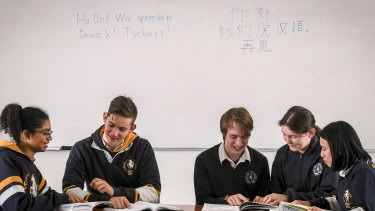 Box Hill High School language students compare notes on Mandarin and German. 