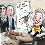 John Wylie, Rob Dalton and Bridget McKenzie are all wrestling with the fallout over the sport rorts allegations.  Illustration: John Shakespeare