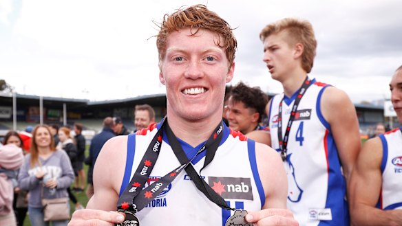 Matt Rowell with his premiership and best-on-ground medals after Oakleigh won the NAB League grand final.