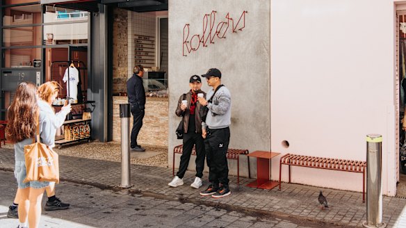 The outdoor seating at Rollers Bakehouse in Manly.