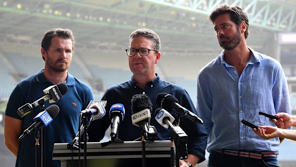 AFLPA president Patrick Dangerfield, chief executive Paul Marsh and league boss Gillon McLachlan. 