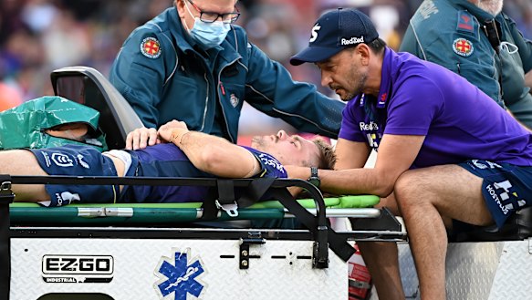 Ryan Papenhuyzen is taken off after the Tyrell Fuimaono tackle last year.