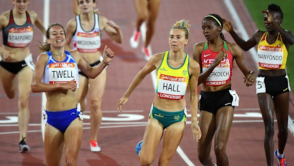 Linden Hall of Australia crosses the line in round one, heat two of the women's 1500m.