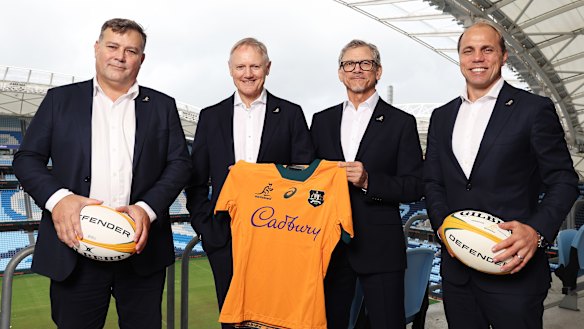 Peter Horne, Joe Schmidt, Les Kiss and Phil Waugh at Wednesday’s announcement. 