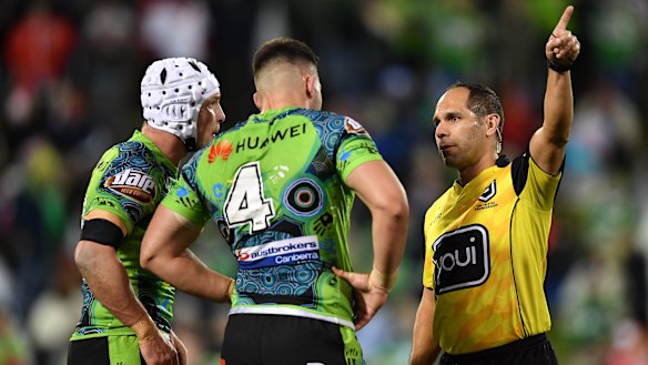 Nick Cotric is given his marching orders by referee Ashley Klein.