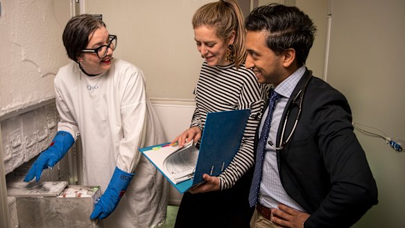 Stool transplant researchers Amy Wilson-O'Brien, Annalise Stanley and Chamara Basnayake, 