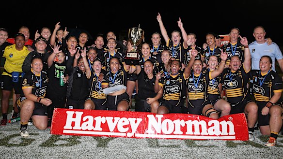 Mounties celebrate their historic 1-0 win over the Bulldogs in the Harvey Norman NSW women’s premiership grand final.
