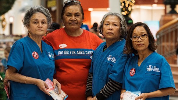 Nurses like Holly Rebeiro, Agaimalo Asalemo, Amy Alegria and Jocelyn Hofman are campaigning for aged care ratios. 