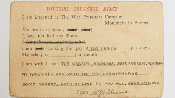 Christmas message sent home by Wal Williams courtesy of the Japanese Imperial Army.