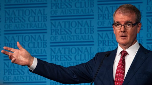 Labor leader Michael Daley spoke at the National Press Club's makeshift Sydney venue yesterday.