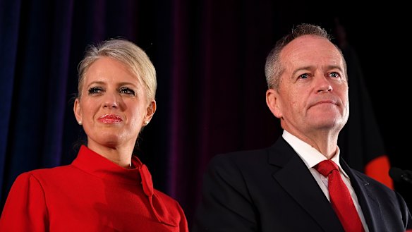 Bill Shorten, on stage with wife Chloe, conceding defeat.