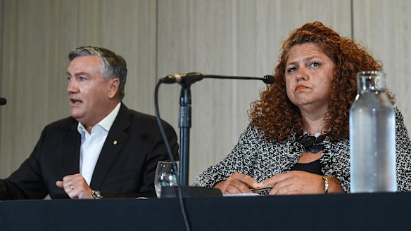 Collingwood president Eddie McGuire and Indigenous board member Jodie Sizer confront after media on Monday after the release the Do Better report into systemic racism at the club. 
