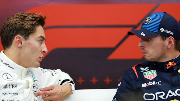 George Russell and Max Verstappen at the Qatar Grand Prix last year.