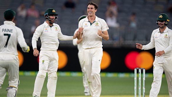 High and mighty: Australian bowler Pat Cummins celebrates after dismissing New Zealand batsman Colin de Grandhomme.