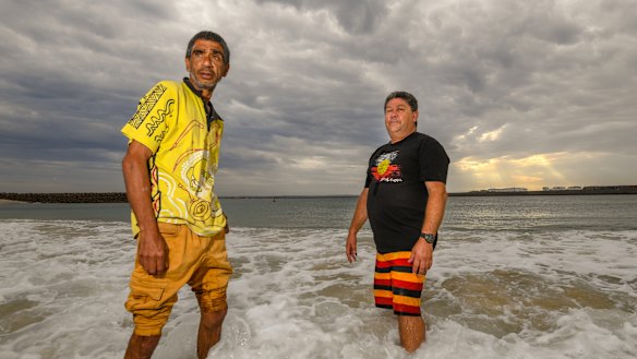 Tim Ella, left, and Trevor Walker, say a proposed cruise terminal at Yarra Bay would kill off Indigenous cultural fishing in the area.