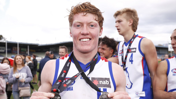 Matt Rowell with his premiership and best-on-ground medals after Oakleigh won the NAB League grand final.